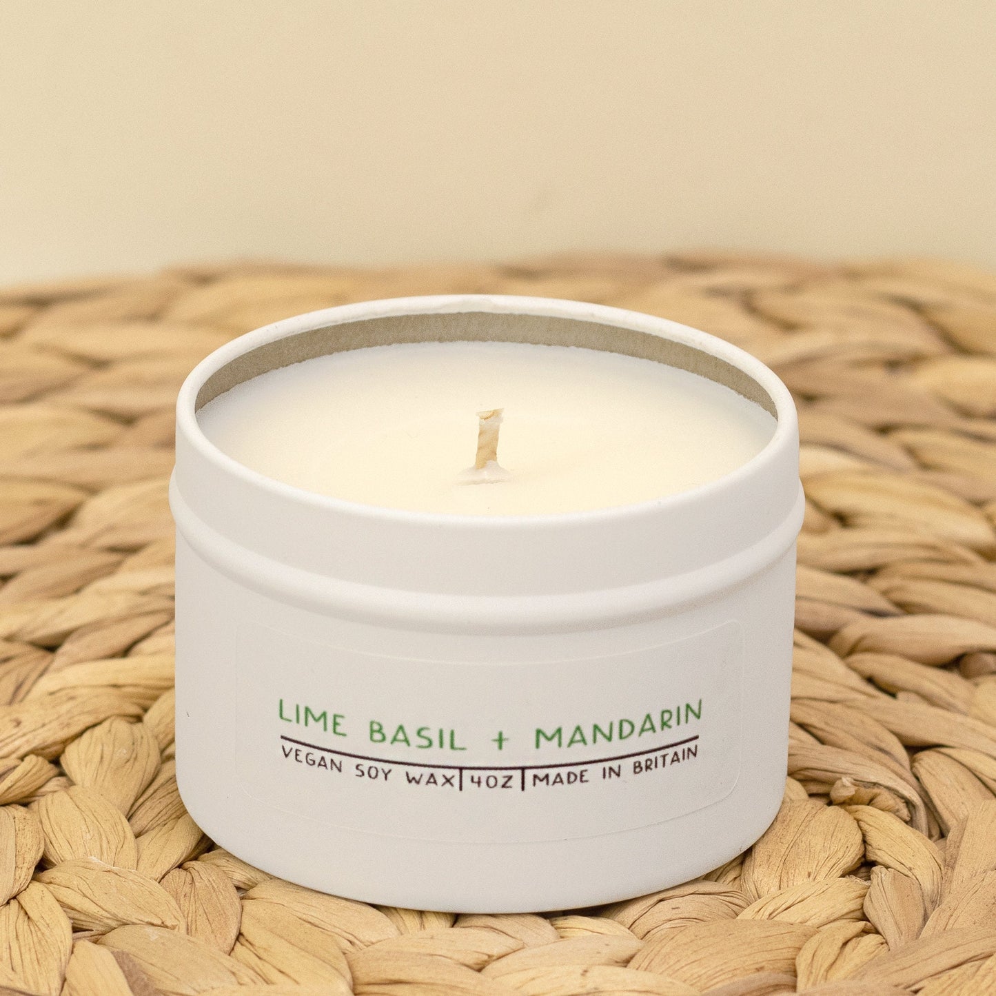 Tin candle, Lime Basil and Mandarin - Fruity and citrus.