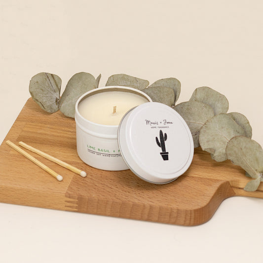 Tin candle, Lime Basil and Mandarin - Fruity and citrus.